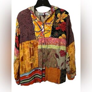 Chico's Design Patchwork Hooded Colorful Floral Print Shirt